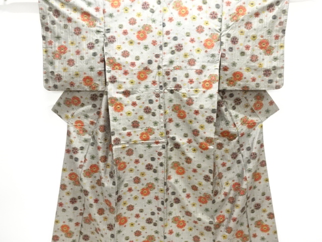 JAPANESE KIMONO / ANTIQUE FLORAL PATTERN WOVEN TSUMUGI KIMONO
